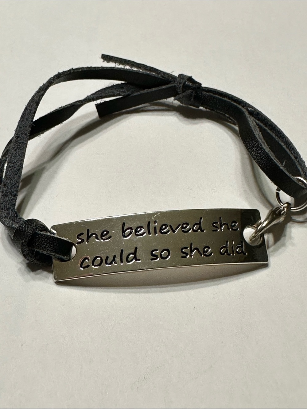 Inspirational 'She Believed She Could So She Did' Black Leather Bracelet